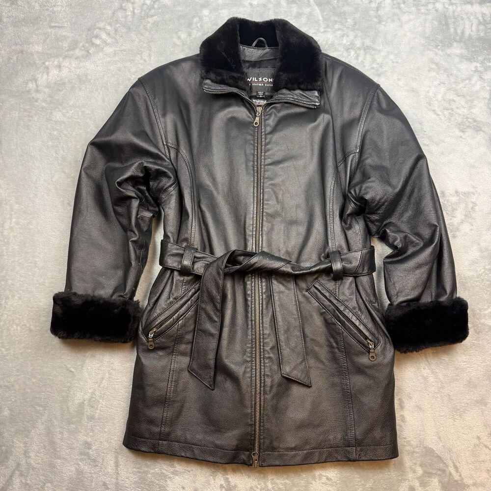 Wilsons Leather Women’s Small Black Leather Trench Coat Faux Fur Trim Belted